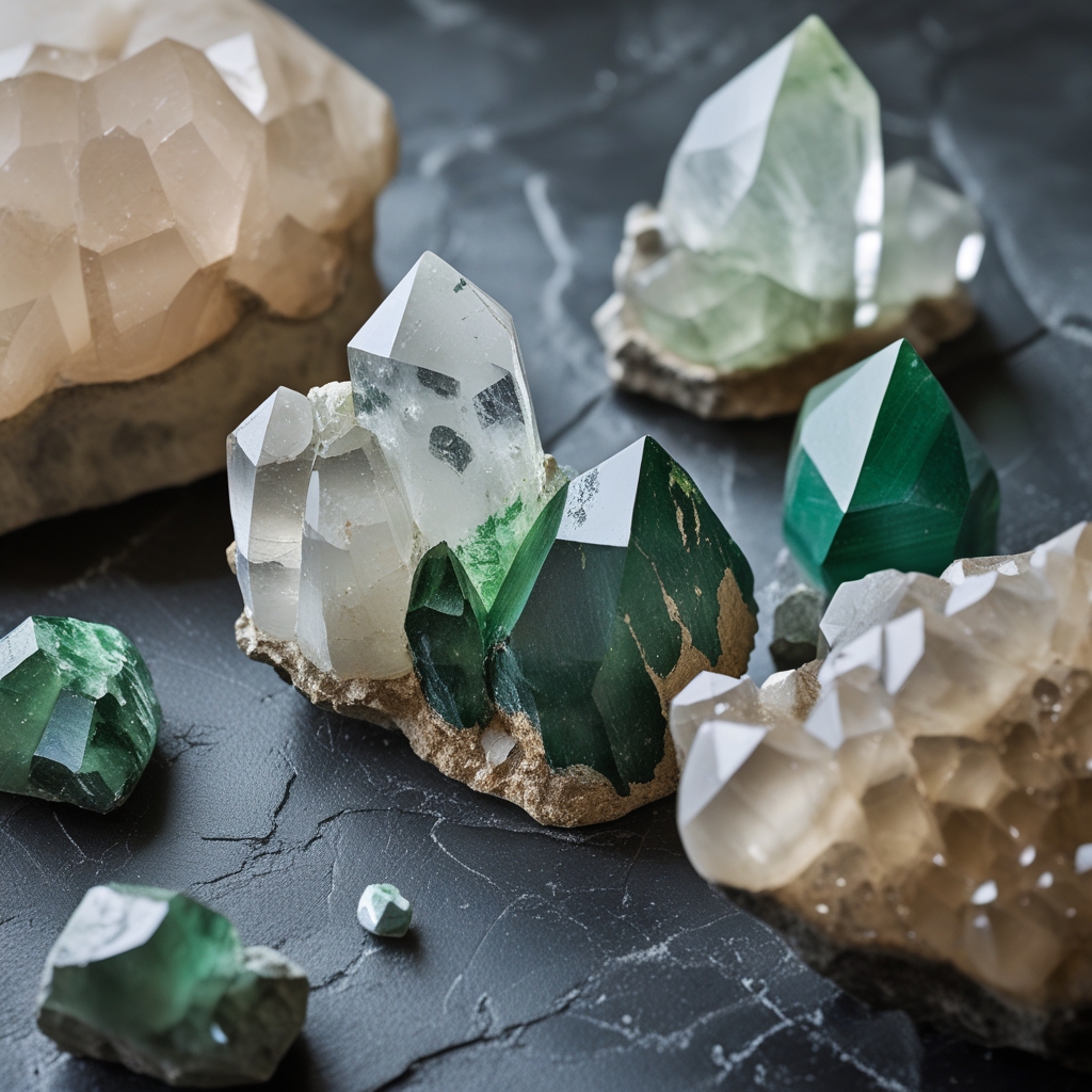 Close-up of natural mineral crystals and raw geological specimens including pale amethyst, green malachite, and quartz formations on a dark textured surface with dramatic side lighting