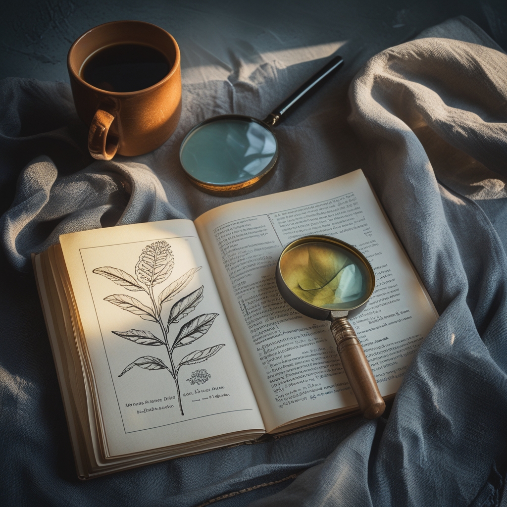 Open scientific journal with printed botanical illustrations and magnifying glass on a textured linen surface beside a ceramic coffee mug in soft morning light