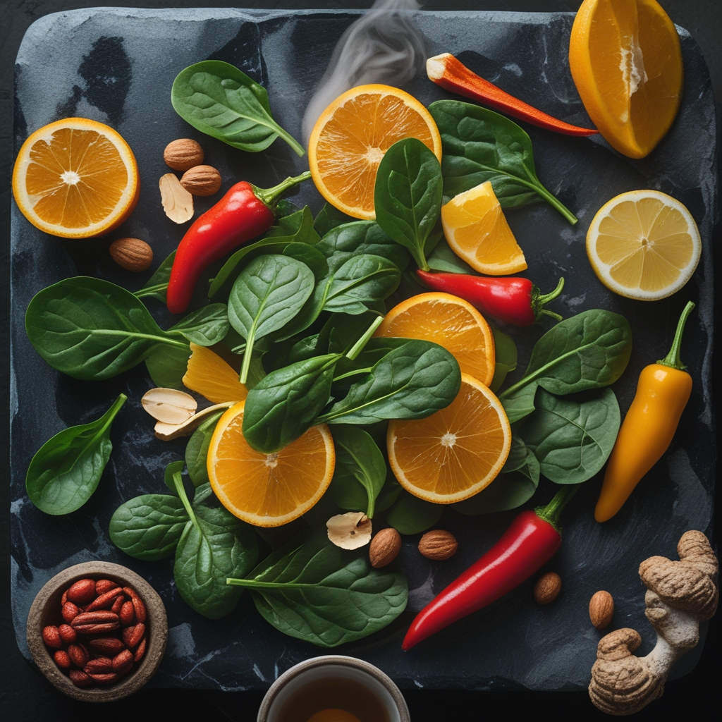 Close-up of colorful fresh vegetables and fruits arranged on a dark stone surface including green spinach leaves, orange segments, lemon halves, red peppers and nuts